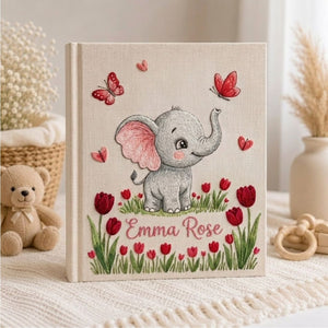Hand Embroidered Baby Photo Album, Personalized Elephant Memory Book, Custom Name Baby Girl Keepsake, Floral Tulip Nursery Gift