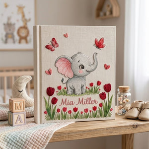 Hand Embroidered Baby Photo Album, Personalized Elephant Memory Book, Custom Name Baby Girl Keepsake, Floral Tulip Nursery Gift