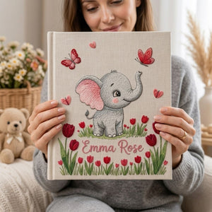 Hand Embroidered Baby Photo Album, Personalized Elephant Memory Book, Custom Name Baby Girl Keepsake, Floral Tulip Nursery Gift