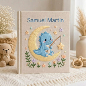 Hand Embroidered Baby Photo Album, Personalized Dinosaur Memory Book, Custom Name Baby Keepsake, Moon And Stars Nursery Gift