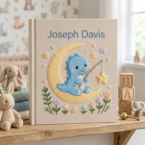 Hand Embroidered Baby Photo Album, Personalized Dinosaur Memory Book, Custom Name Baby Keepsake, Moon And Stars Nursery Gift