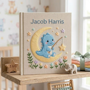 Hand Embroidered Baby Photo Album, Personalized Dinosaur Memory Book, Custom Name Baby Keepsake, Moon And Stars Nursery Gift