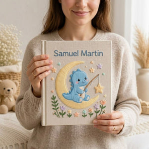 Hand Embroidered Baby Photo Album, Personalized Dinosaur Memory Book, Custom Name Baby Keepsake, Moon And Stars Nursery Gift