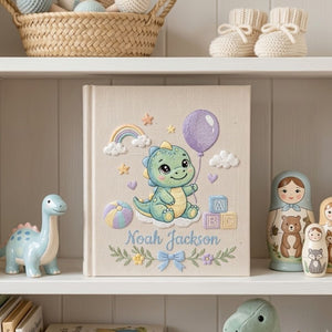 Personalized Hand Embroidered Baby Photo Album, Custom Name Baby Memory Book, Dinosaur Keepsake Album, Baby Shower Gift