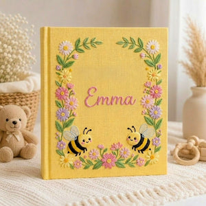 Hand Embroidered Baby Photo Album, Personalized Floral Baby Album, Custom Name Bee Garden Memory Book, Baby Shower Keepsake Gift