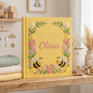 Hand Embroidered Baby Photo Album, Personalized Floral Baby Album, Custom Name Bee Garden Memory Book, Baby Shower Keepsake Gift