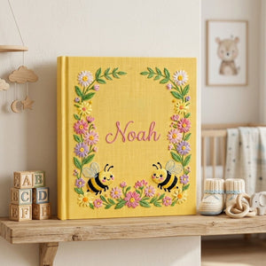 Hand Embroidered Baby Photo Album, Personalized Floral Baby Album, Custom Name Bee Garden Memory Book, Baby Shower Keepsake Gift