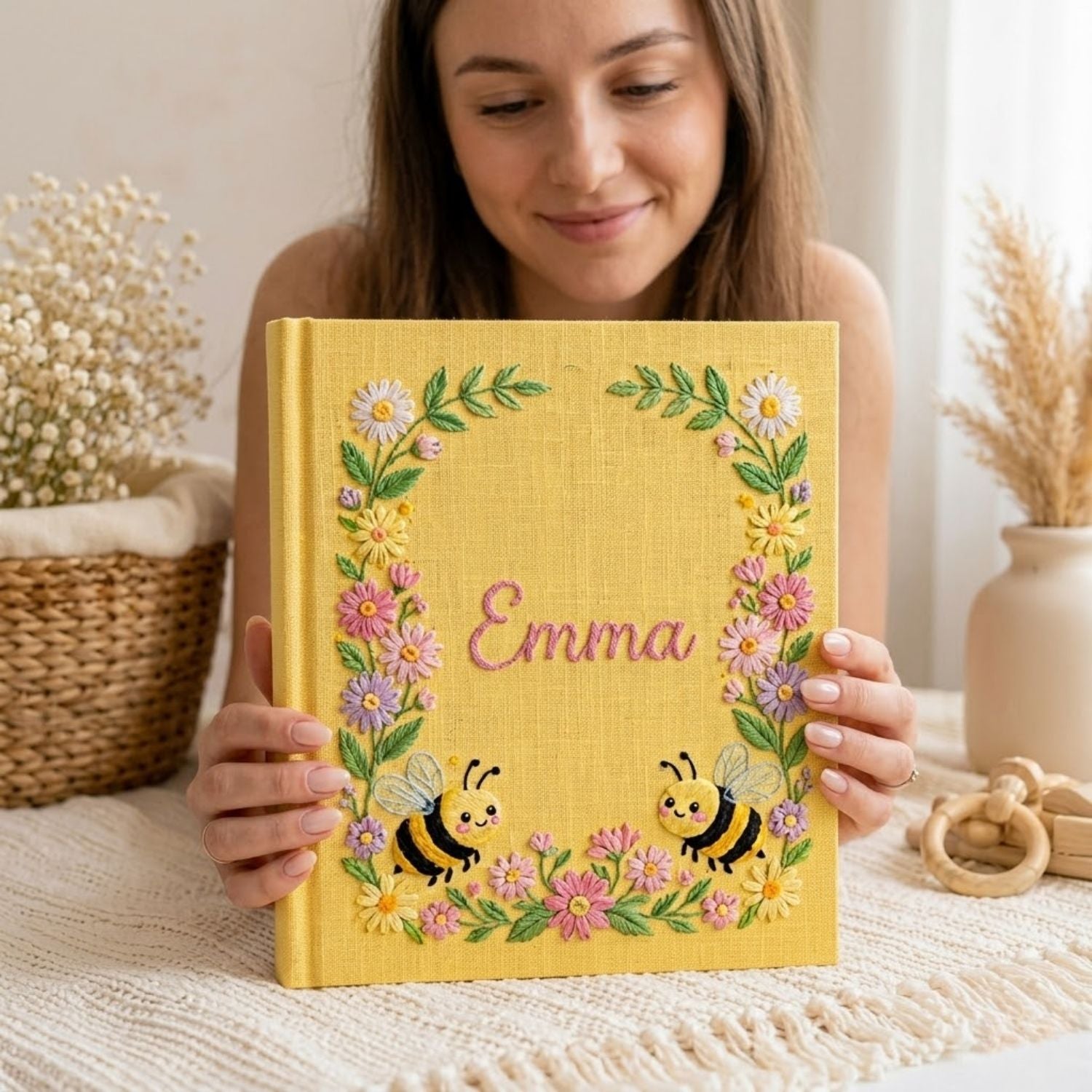 Hand Embroidered Baby Photo Album, Personalized Floral Baby Album, Custom Name Bee Garden Memory Book, Baby Shower Keepsake Gift