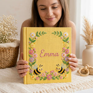 Hand Embroidered Baby Photo Album, Personalized Floral Baby Album, Custom Name Bee Garden Memory Book, Baby Shower Keepsake Gift
