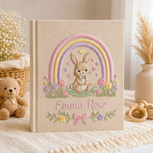 Hand Embroidered Baby Photo Album, Custom Name Baby Memory Book, Bunny Rainbow Nursery Album, Personalized Baby Shower Gift