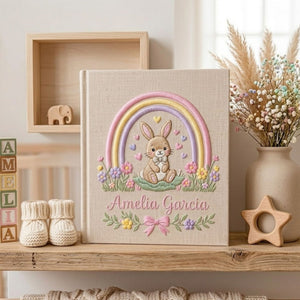 Hand Embroidered Baby Photo Album, Custom Name Baby Memory Book, Bunny Rainbow Nursery Album, Personalized Baby Shower Gift