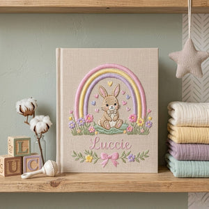 Hand Embroidered Baby Photo Album, Custom Name Baby Memory Book, Bunny Rainbow Nursery Album, Personalized Baby Shower Gift