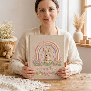 Hand Embroidered Baby Photo Album, Custom Name Baby Memory Book, Bunny Rainbow Nursery Album, Personalized Baby Shower Gift