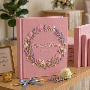 Personalized wildflower wreath hand embroidered photo album with custom names and wedding date on linen cover