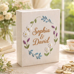 Personalized pink floral wreath hand embroidered photo album with butterfly accent and custom names on linen cover
