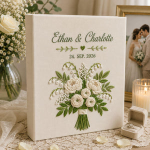 Personalized lavender bouquet hand embroidered photo album with custom names and anniversary date on linen cover