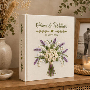 Personalized lavender rose bouquet hand embroidered photo album with custom names and wedding date on linen cover
