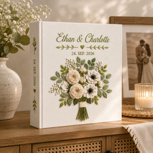 Personalized bridal bouquet hand embroidered photo album with custom names and wedding date on linen cover