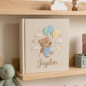 Personalized Baby Photo Album, Hand Embroidered Dinosaur Memory Book, Custom Name Keepsake, Woodland Nursery Gift, Newborn, Baby Shower Gift
