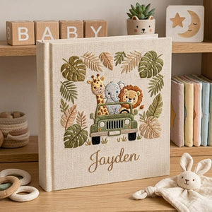 Personalized Baby Photo Album, Hand Embroidered Dinosaur Memory Book, Custom Name Keepsake, Woodland Nursery Gift, Newborn, Baby Shower Gift