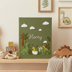 Personalized Baby Photo Album, Hand Embroidered Dinosaur Memory Book, Custom Name Keepsake, Woodland Nursery Gift, Newborn, Baby Shower Gift