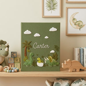 Personalized Baby Photo Album, Hand Embroidered Dinosaur Memory Book, Custom Name Keepsake, Woodland Nursery Gift, Newborn, Baby Shower Gift