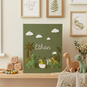 Personalized Baby Photo Album, Hand Embroidered Dinosaur Memory Book, Custom Name Keepsake, Woodland Nursery Gift, Newborn, Baby Shower Gift