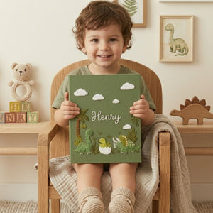 Personalized Baby Photo Album, Hand Embroidered Dinosaur Memory Book, Custom Name Keepsake, Woodland Nursery Gift, Newborn, Baby Shower Gift