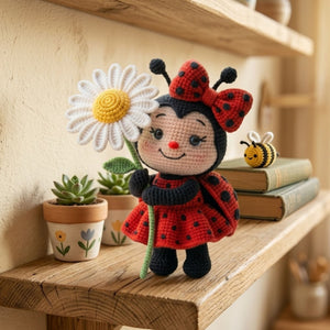 Crochet Ladybug Girl Plush, Handmade Amigurumi Ladybug Doll With Daisy Flower, Cute Spring Nursery Toy, Kawaii 4-12 Inch Gift Decor Toy Sets