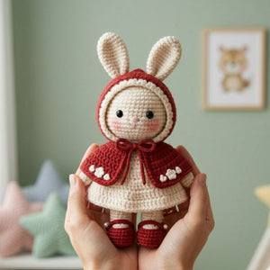 Crochet Red Riding Hood Bunny Doll Handmade Amigurumi Rabbit Plush, Cute Nursery Baby Shower Gift, Sizes 4-12 Inches Soft Toy for Baby Girls