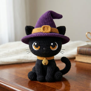 Crochet Black Cat Witch Plush Handmade Amigurumi Halloween Doll, Cute Spooky Nursery Decor Gift, Sizes 4-12 Inches for Kids Room Shelf Decor
