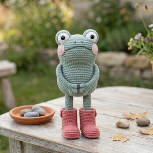 Crochet Frog Doll with Pink Boots Handmade Amigurumi Plush, Cute Nursery Baby Shower Gift, Size 4-12 Inches Soft Toy for Kids Room Decor Toy