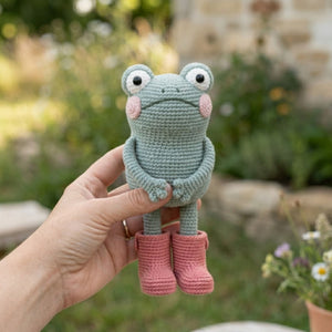 Crochet Frog Doll with Pink Boots Handmade Amigurumi Plush, Cute Nursery Baby Shower Gift, Size 4-12 Inches Soft Toy for Kids Room Decor Toy