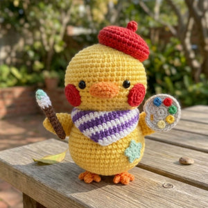 Crochet Artist Chick Doll Handmade Amigurumi Duck Plush with Paint Palette Brush, Cute Nursery Decor Gift, Sizes 4-12 Inches Kids Toy Decor