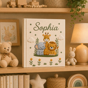 Personalized Embroidered Safari Baby Photo Album, Custom Jungle Animal Memory Baby Book, Custom Newborn Keepsake Album, Baby Shower Gift