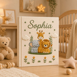 Personalized Embroidered Safari Baby Photo Album, Custom Jungle Animal Memory Baby Book, Custom Newborn Keepsake Album, Baby Shower Gift