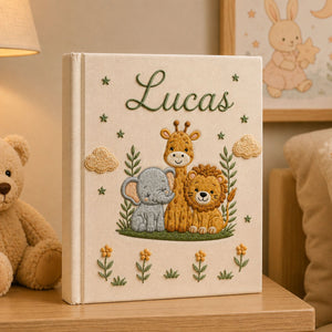 Personalized Embroidered Safari Baby Photo Album, Custom Jungle Animal Memory Baby Book, Custom Newborn Keepsake Album, Baby Shower Gift