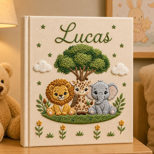 Personalized Safari Embroidered Baby Photo Album, Custom Name Jungle Animal Keepsake Book, Lion Elephant Giraffe Baby Book, Baby Shower Gift