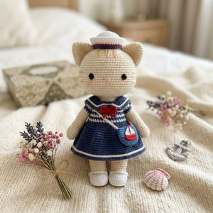 Crochet Sailor Cat Doll Handmade Amigurumi Kitten Plush with Navy Dress, Sweet Nursery Gifts, Sizes 4-12 Inches Soft Toy for Kids Room Decor