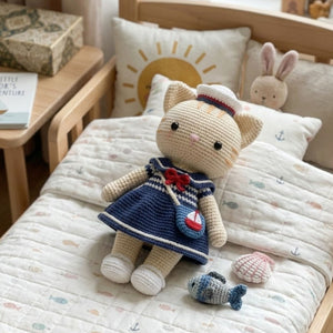 Crochet Sailor Cat Doll Handmade Amigurumi Kitten Plush with Navy Dress, Sweet Nursery Gifts, Sizes 4-12 Inches Soft Toy for Kids Room Decor