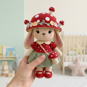 Crochet Mushroom Bunny Doll Handmade Amigurumi Rabbit Plush with Red Toadstool Hat, Cute Nursery Baby Gift Sizes 4-12 Inches Kids Room Decor