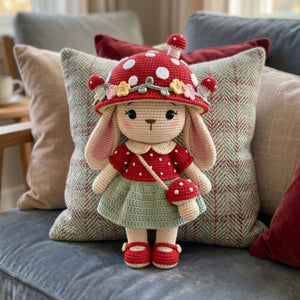 Crochet Mushroom Bunny Doll Handmade Amigurumi Rabbit Plush with Red Toadstool Hat, Cute Nursery Baby Gift Sizes 4-12 Inches Kids Room Decor