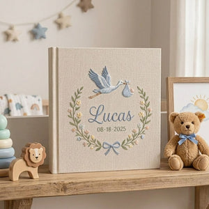 Personalized Baby Photo Album, Hand Embroidered Dinosaur Memory Book, Custom Name Keepsake, Woodland Nursery Gift, Newborn, Baby Shower Gift