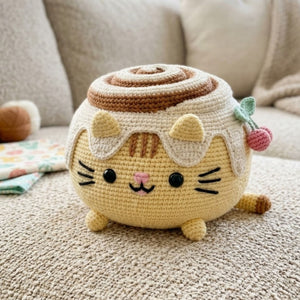 Crochet Cinnamon Roll Cat Plush, Cute Amigurumi Kitty Dessert Stuffed Animal, Kawaii Handmade Gift, Nursery Decor, 4-12 Inch, Cat Lover Gift