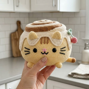 Crochet Cinnamon Roll Cat Plush, Cute Amigurumi Kitty Dessert Stuffed Animal, Kawaii Handmade Gift, Nursery Decor, 4-12 Inch, Cat Lover Gift