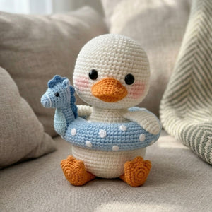 Crochet Duck Plush With Blue Seahorse Float, Cute Amigurumi Duckling Stuffed Animal, Kawaii Nursery Decor Gift, 4-12 Inch Plush Toy for Kids