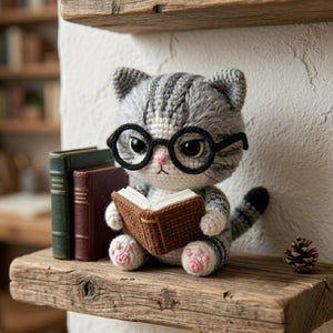 Crochet Reading Cat Plush With Glasses, Cute Amigurumi Tabby Kitty Book Lover Stuffed Animal, Kawaii Nursery Decor Gifts, 4-12 Inch Kids Toy