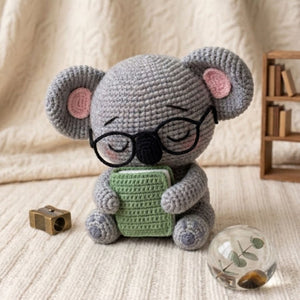 Crochet Koala Plush With a Book and Glasses, Cute Amigurumi Koala Stuffed Animal, Kawaii Nursery Decor Gift, 4-12 Inch Handmade Toy For Kids