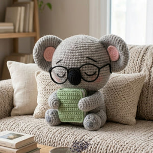 Crochet Koala Plush With a Book and Glasses, Cute Amigurumi Koala Stuffed Animal, Kawaii Nursery Decor Gift, 4-12 Inch Handmade Toy For Kids
