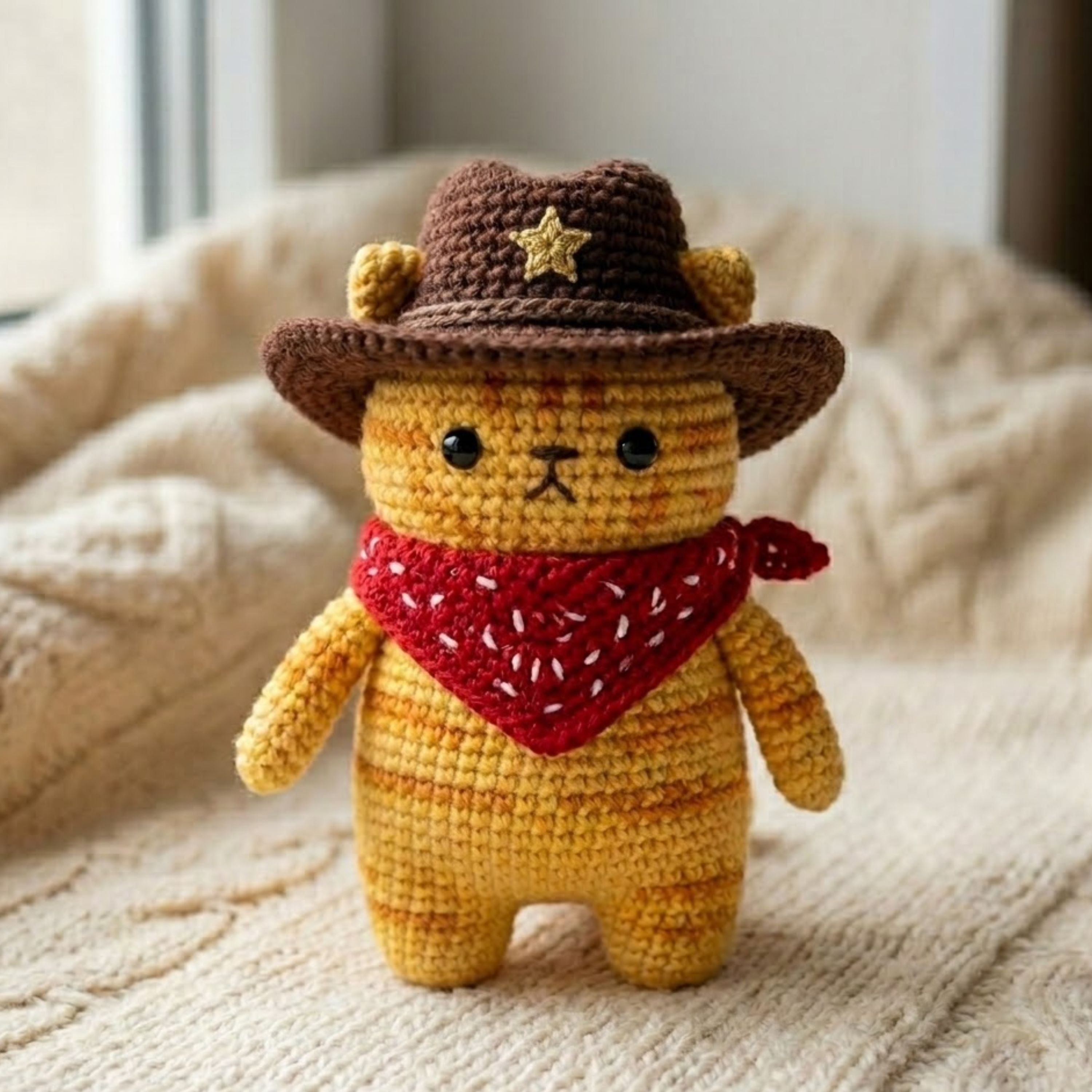 Crochet Cowboy Cat Plush With Hat and Bandana, Cute Amigurumi Western Kitty Stuffed Animal, Kawaii Nursery Decor Gift, 4-12 Inch Plush Gifts